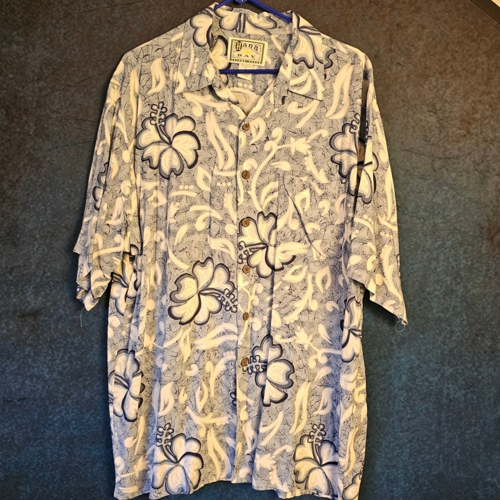Hana Bay Island Style Vintage Mens XL Blue Hibiscus Floral Rayon Aloha Shirt - Picture 2 of 9